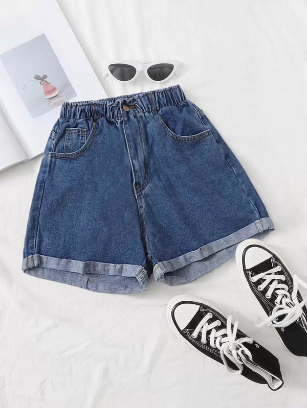 Washed Turn Up Hem Denim Shorts