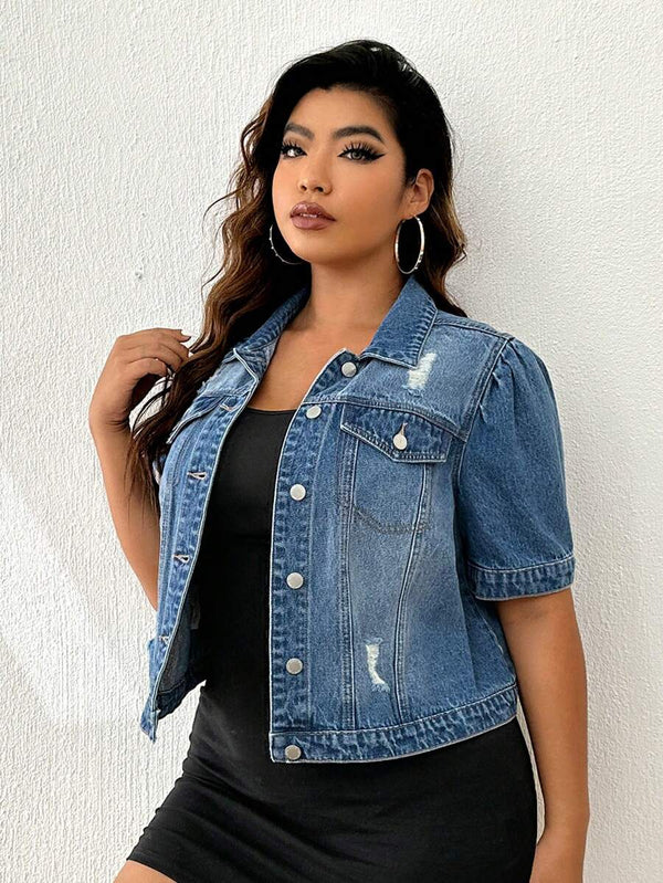 Plus Size Ripped Denim Jacket