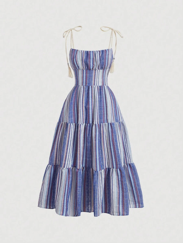 Striped Ruched Bust Ruffle Cami Dress