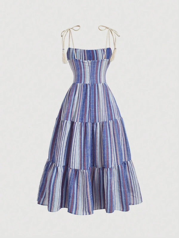 Striped Ruched Bust Ruffle Cami Dress