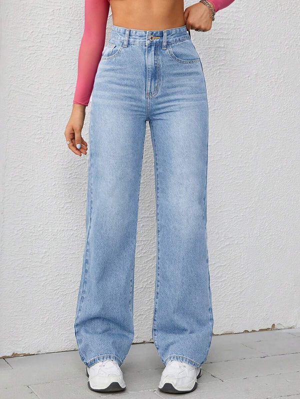 Casual Washed Mid-Waist Straight Jeans