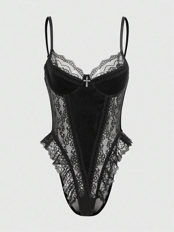 Gothic Velvet & Lace Bodysuit with Cross