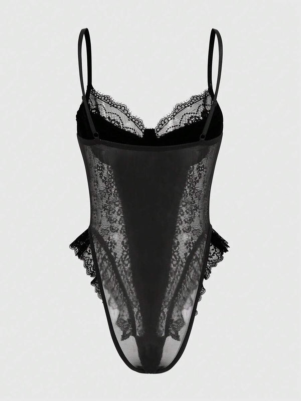 Gothic Velvet & Lace Bodysuit with Cross