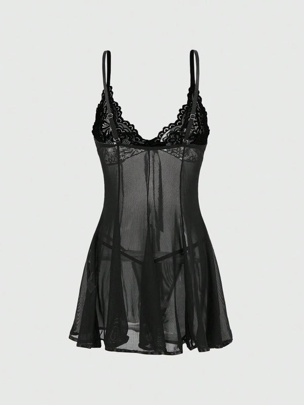 Y2K Lace Mesh Bow Sheer Dress Set