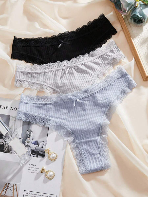 Lace Trim Bow Front Thong