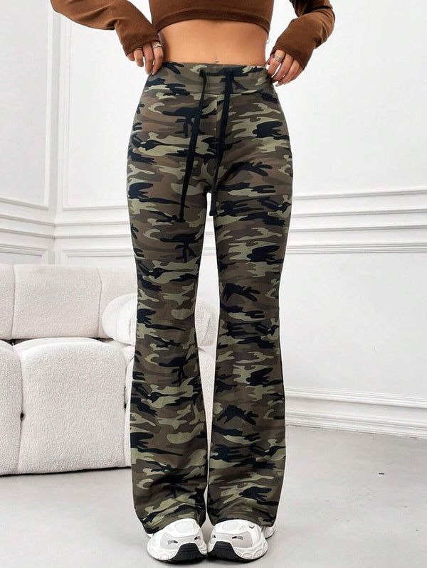 Camouflage Drawstring Flared Pants