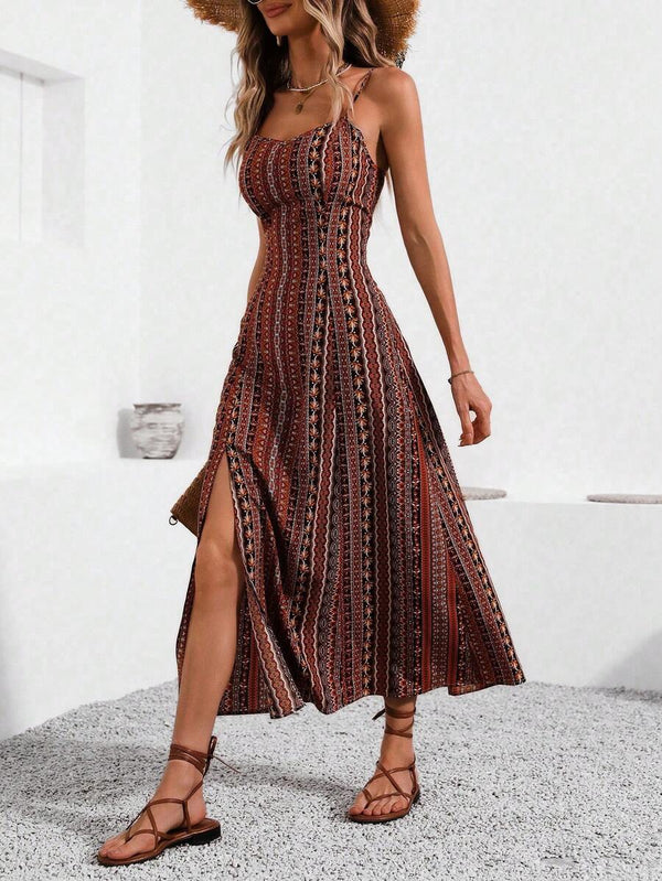 Vintage Print Slit Maxi Dress