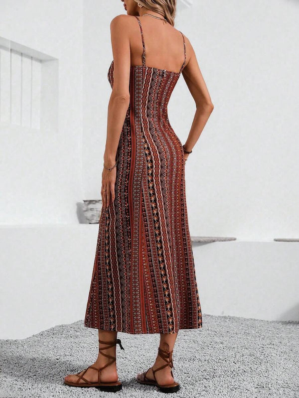 Vintage Print Slit Maxi Dress