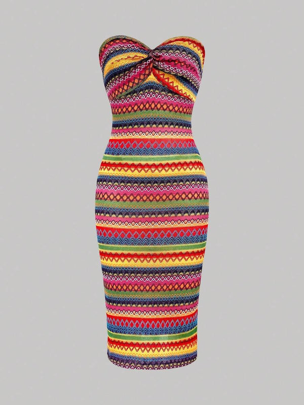 Color Block Twisted Strapless Dress