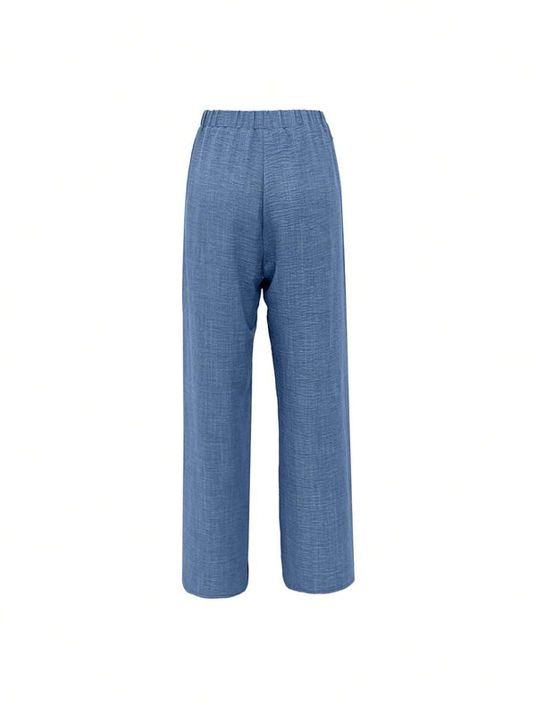 Denim Effect Linen Pants with Lace Hem