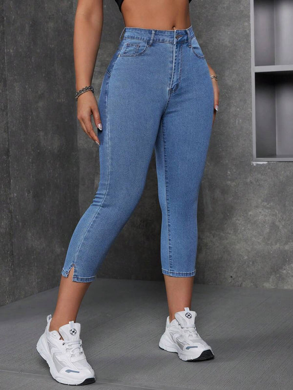 Capri Jeans With Side Slit And Pockets