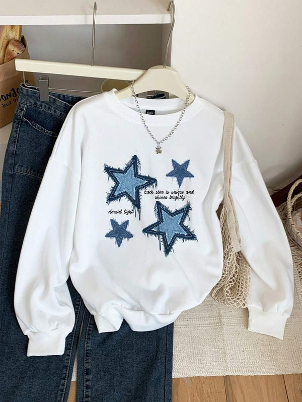 Minimalist Blue Star Patch Print Oversized Sweatshirt