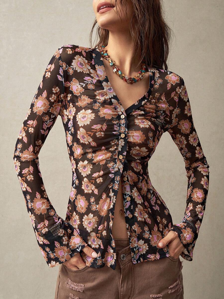 Boho Lace V-Neck Flare Sleeve Blouse