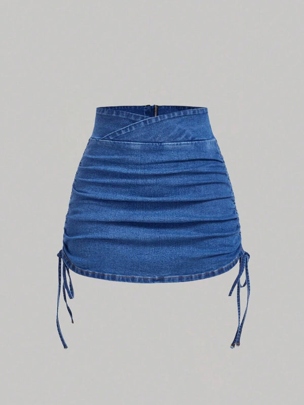 Ruched Denim Skirt