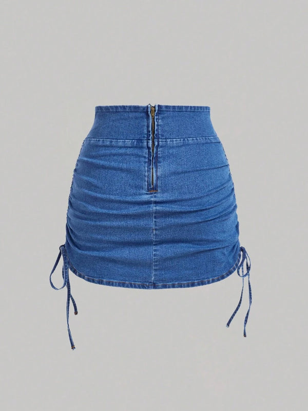 Ruched Denim Skirt