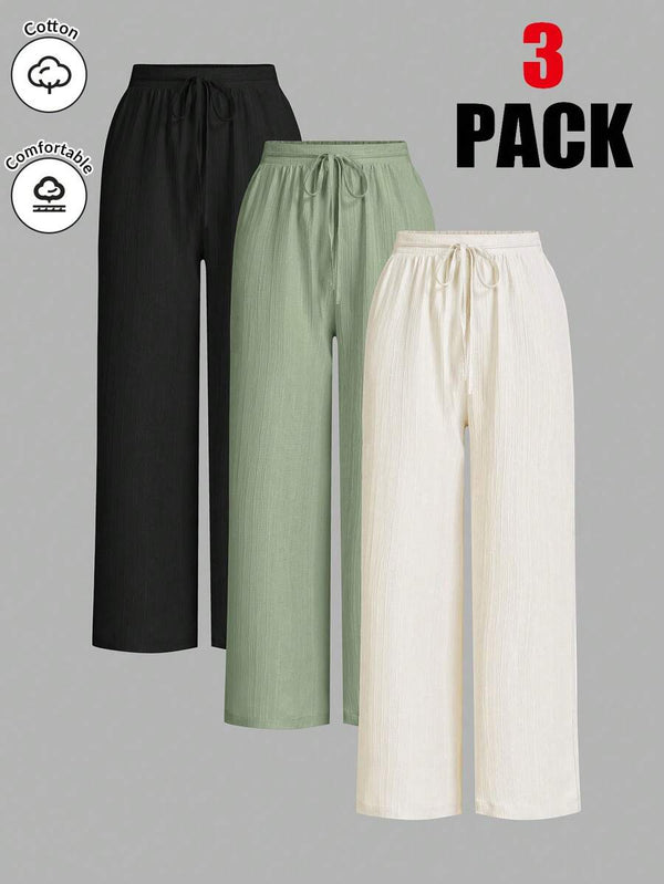 3-Pack Solid Color Waist-Tie Wide Leg Pants