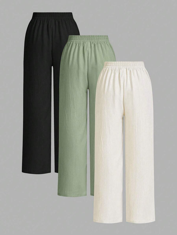 3-Pack Solid Color Waist-Tie Wide Leg Pants