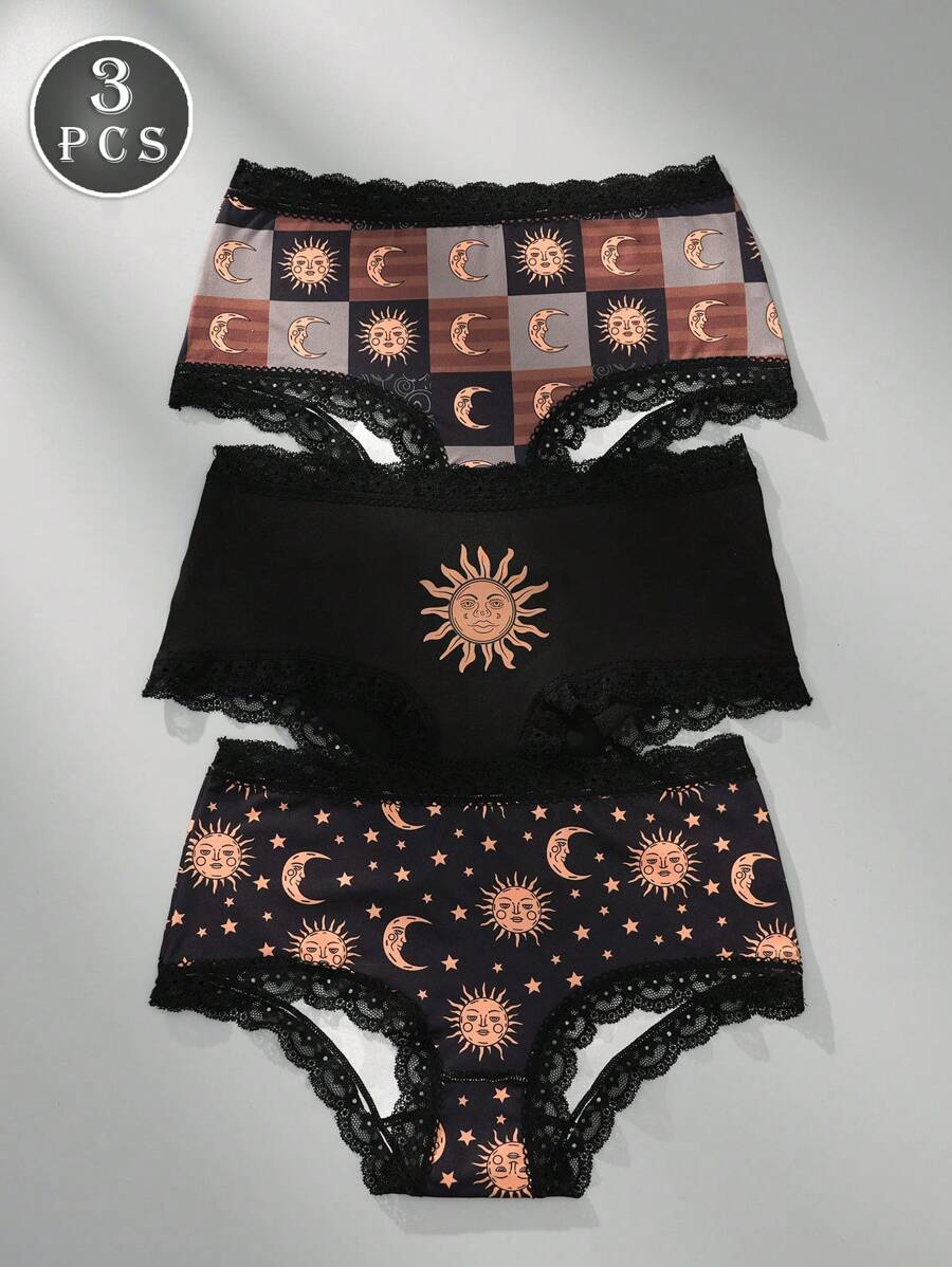 Sun & Moon Lace Trim Panties Set