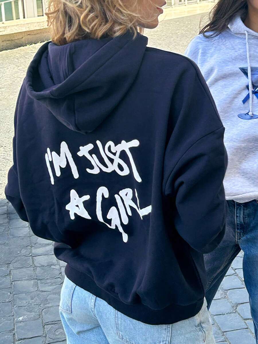 Drop Shoulder Slogan Hoodie