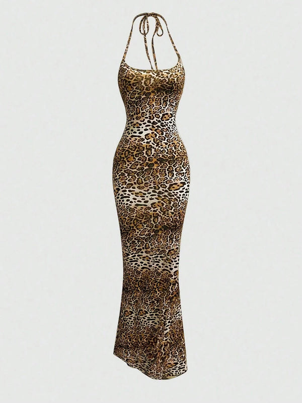 Leopard Print Halter Mermaid Maxi Dress
