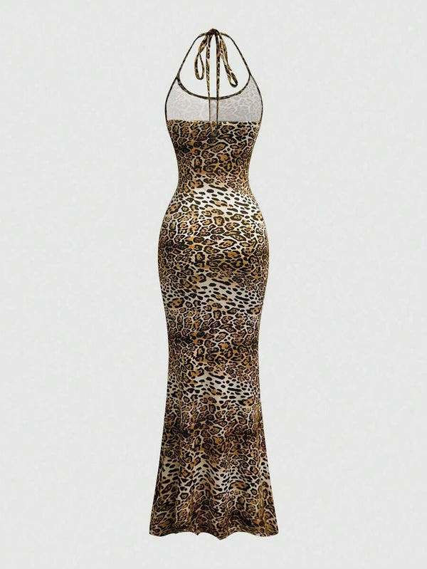 Leopard Print Halter Mermaid Maxi Dress
