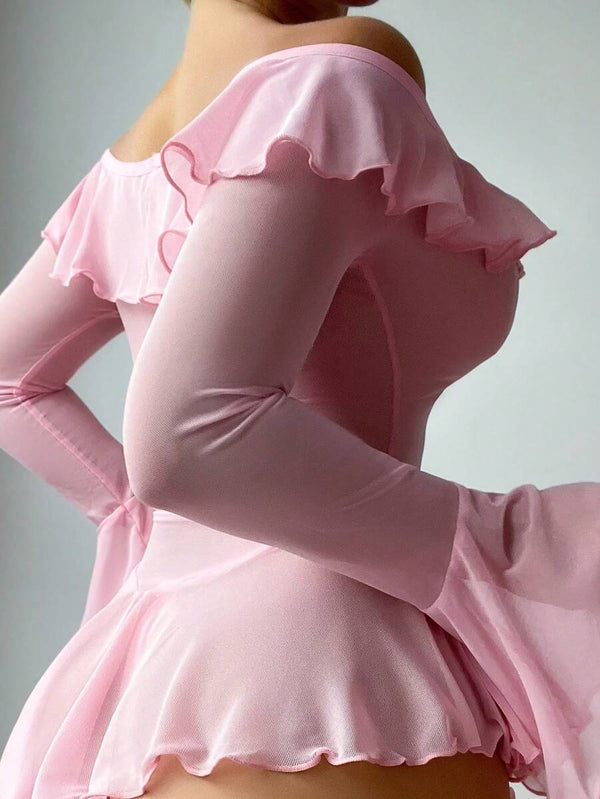 Off-Shoulder Pleated Long Sleeve Nightdress Set