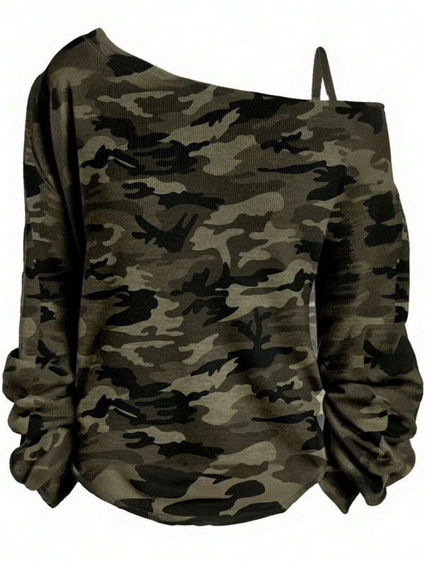 Asymmetrical Camouflage Print One-Shoulder Top