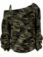 Asymmetrical Camouflage Print One-Shoulder Top - 2