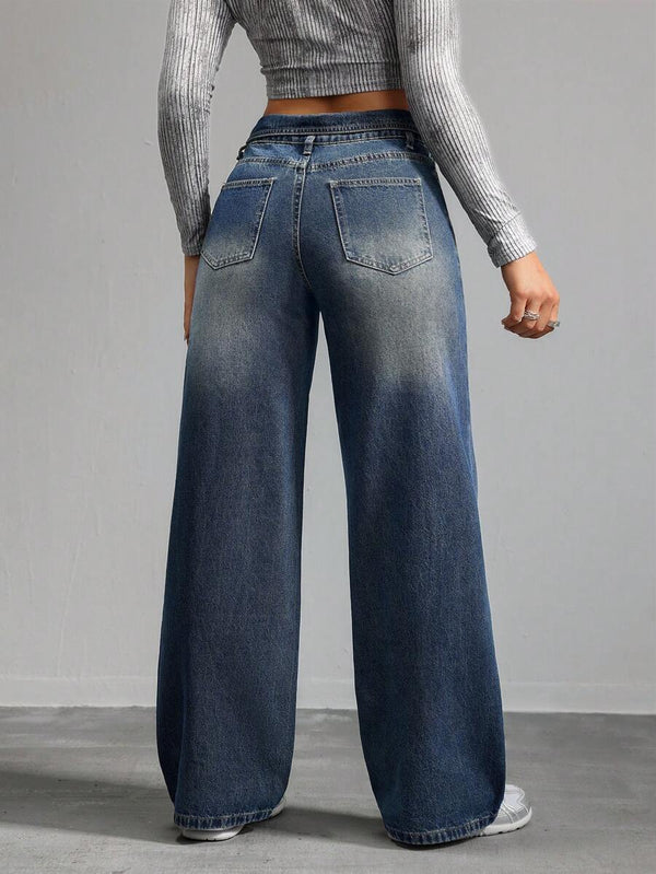 Collar-Waist Wide-Leg Denim Pants
