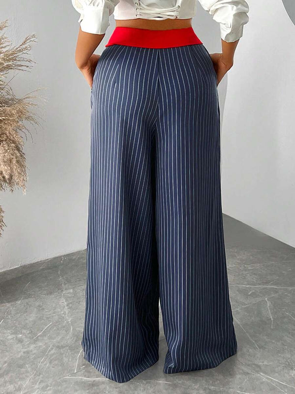 Red High-Waist Striped Patchwork Pants