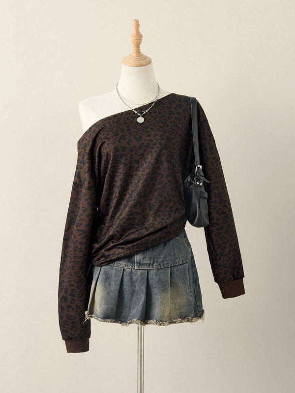 Asymmetrical Shoulder Leopard Print Long Sleeve