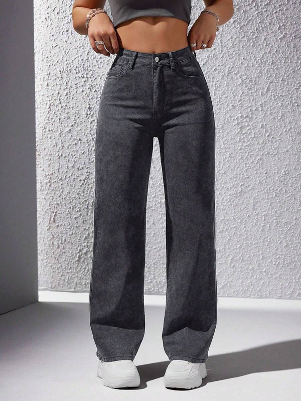 High Waist Straight Leg Washed Jeans