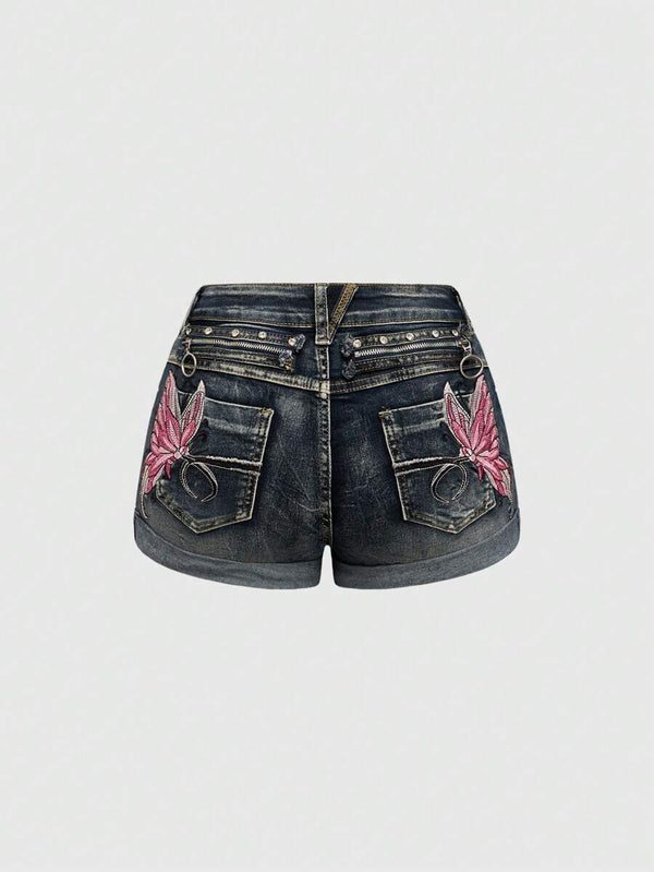 Y2K Butterfly Embroidery Low Waist Denim Shorts
