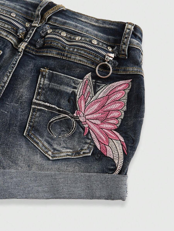 Y2K Butterfly Embroidery Low Waist Denim Shorts