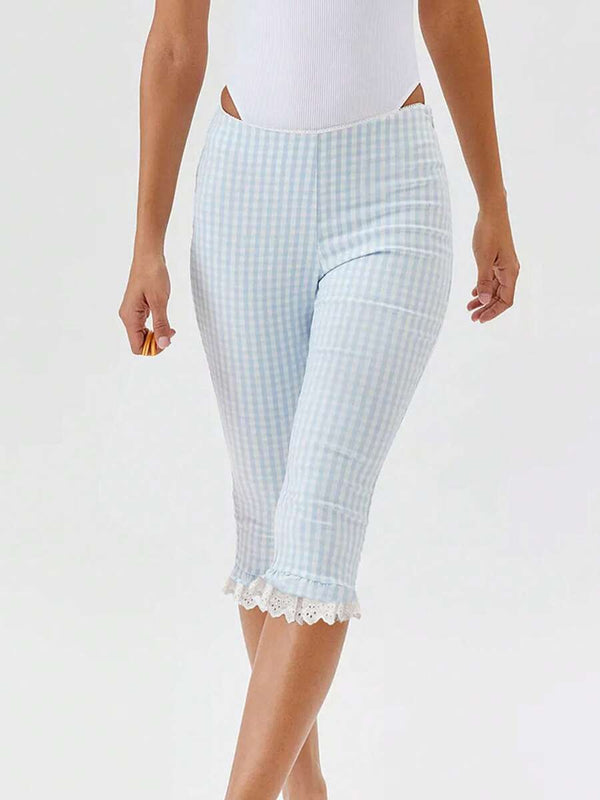 Plaid Lace Ruffle Capri Pants