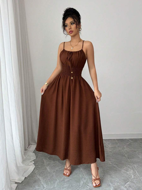 Coffee Linen-Like Slip Dress