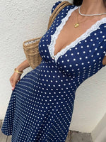 Blue Polka Dot V-Neck Flared Maxi Dress - 3