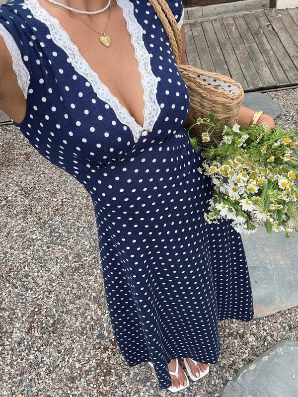 Blue Polka Dot V-Neck Flared Maxi Dress