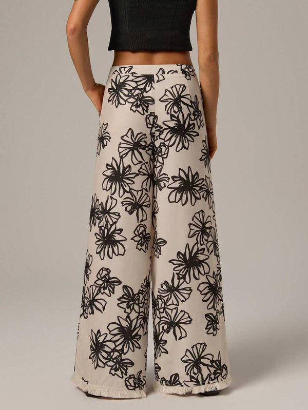 Floral Tassel Linen Wide Leg Pants