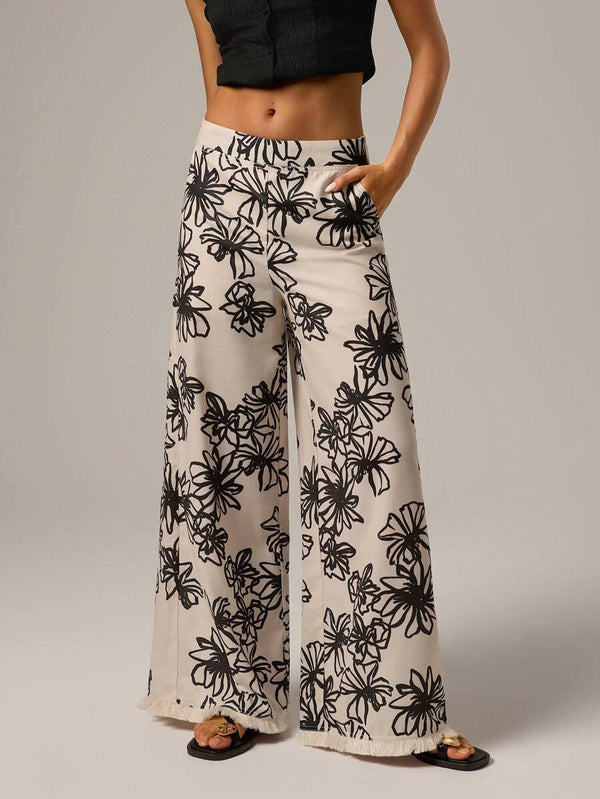 Floral Tassel Linen Wide Leg Pants