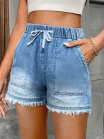 Drawstring Frayed Denim Shorts - 5