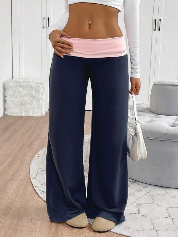 Contrast Color Elastic Waist Straight-Leg Pants