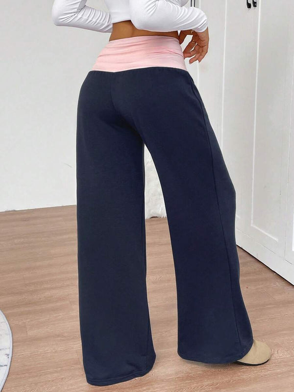 Contrast Color Elastic Waist Straight-Leg Pants