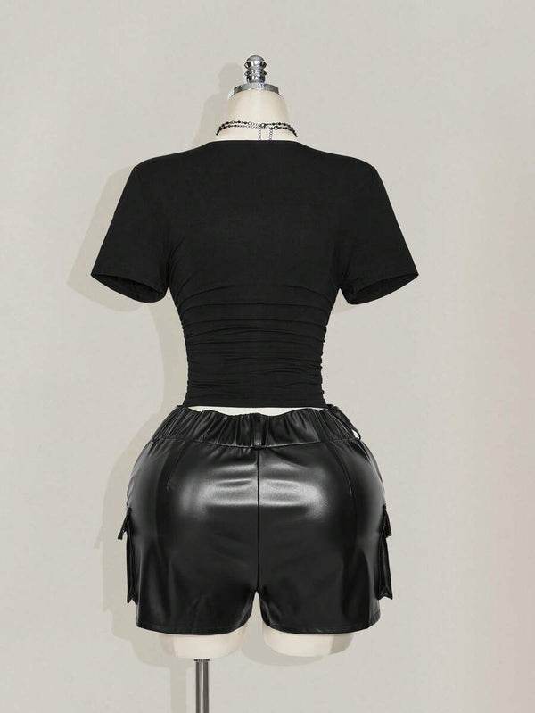 Plus Size Lace Patchwork Ruched Knit Top