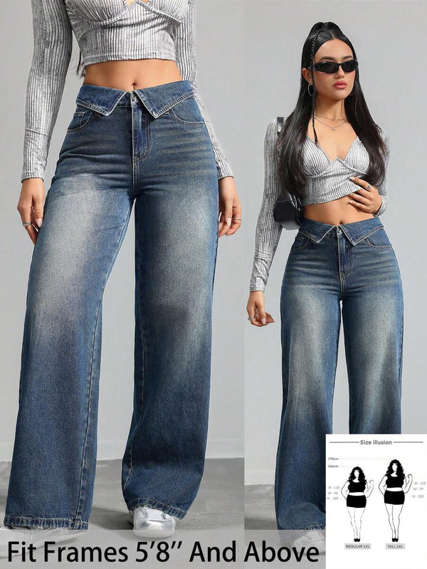 Collar-Waist Wide-Leg Denim Pants