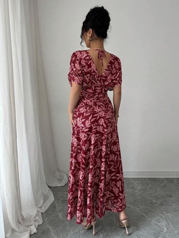 French-Style V-Neck Ruched Maxi Dress