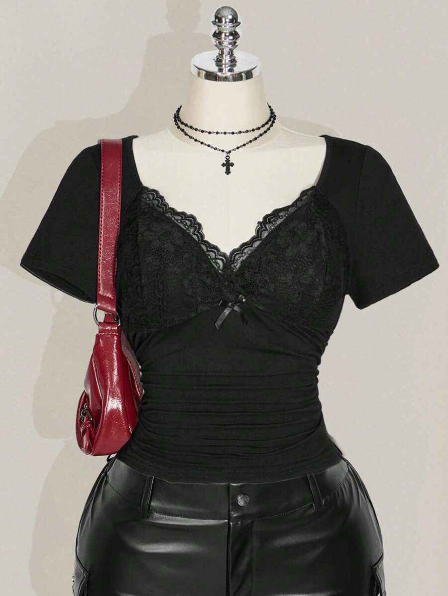 Plus Size Lace Patchwork Ruched Knit Top