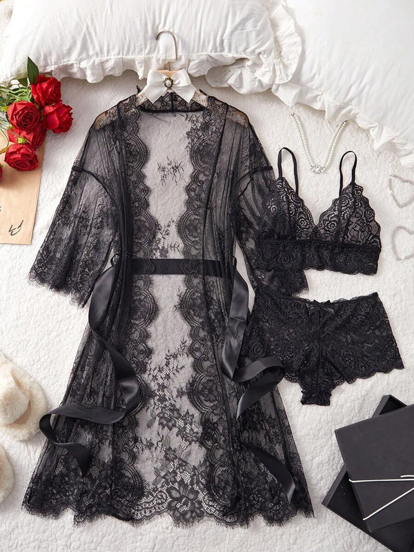 Gothic Deep V Lace Sleepwear Set