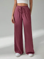 Belted Solid Color Wide Leg Casual Pants - 3