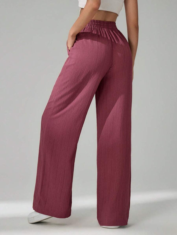 Belted Solid Color Wide Leg Casual Pants